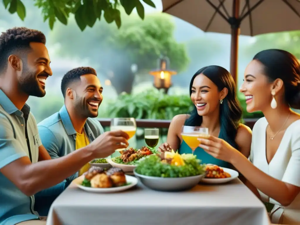 Un grupo diverso de amigos disfruta de una deliciosa comida sin gluten en un restaurante al aire libre, transmitiendo alegría y comunidad