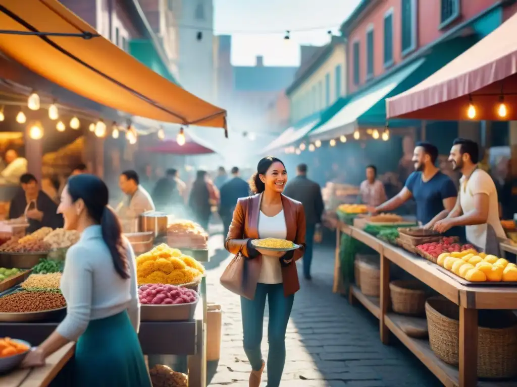 Un grupo diverso de amigos disfruta de deliciosa comida callejera sin gluten en un animado mercado al aire libre