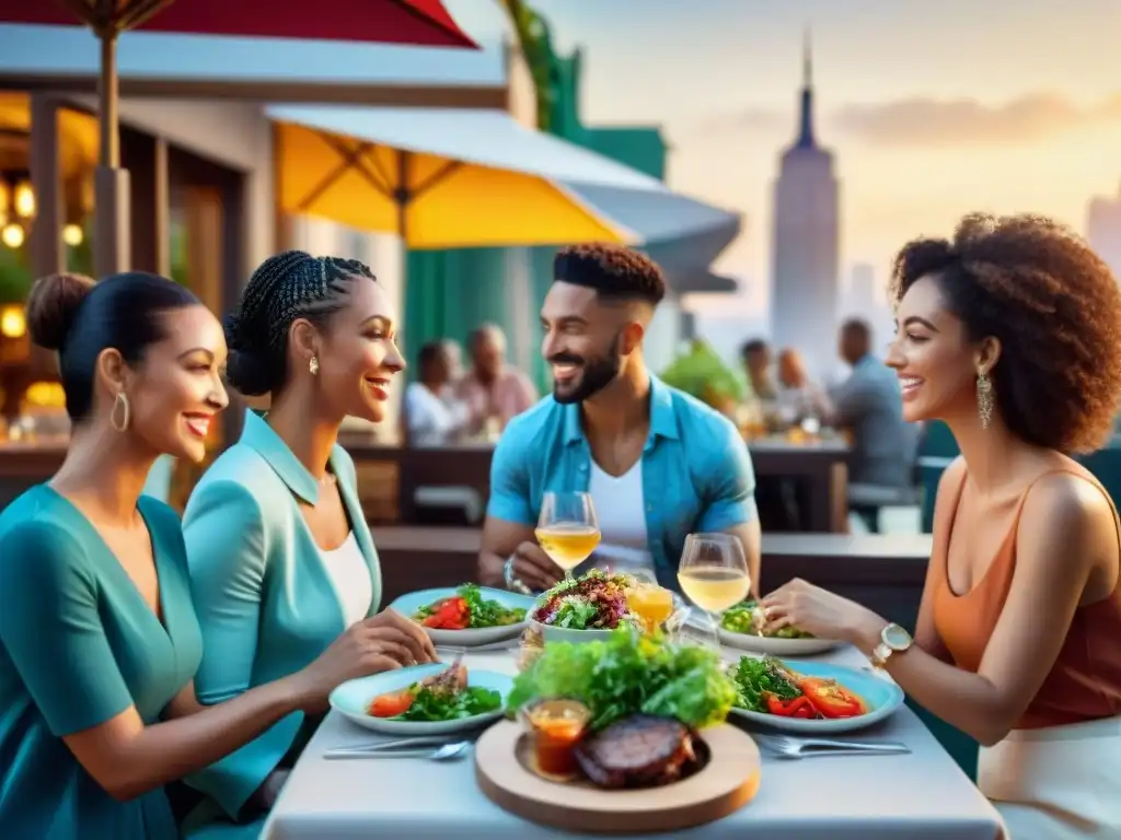 Un grupo diverso de amigos disfruta una deliciosa comida sin gluten en un restaurante al aire libre, con una vista urbana de fondo