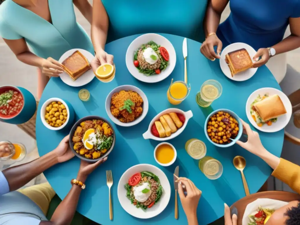 Un grupo diverso de amigos disfruta de una deliciosa comida sin gluten en un restaurante al aire libre