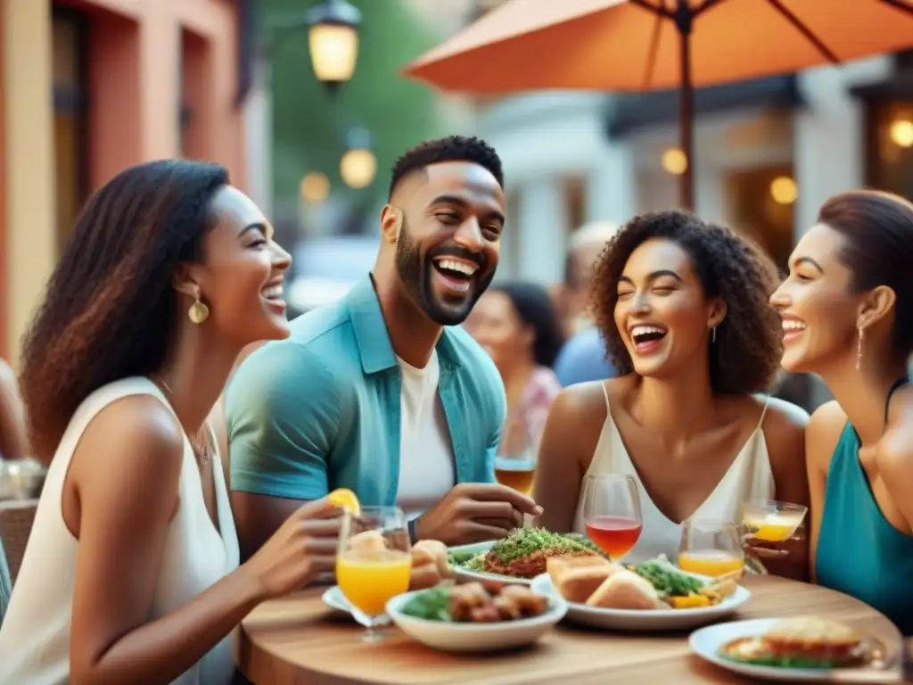 Un grupo diverso de amigos disfruta de una deliciosa comida sin gluten en un restaurante al aire libre, compartiendo risas y camaradería