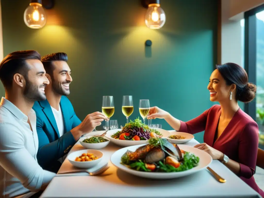 Un grupo diverso de amigos disfruta de una elegante cena sin gluten en un restaurante, compartiendo una camaradería única