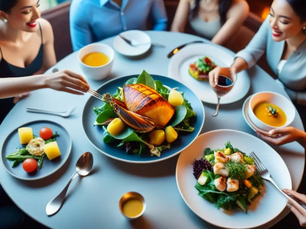 Un grupo diverso de amigos disfruta de una elegante cena sin gluten en un restaurante internacional, con una atmósfera cálida y acogedora