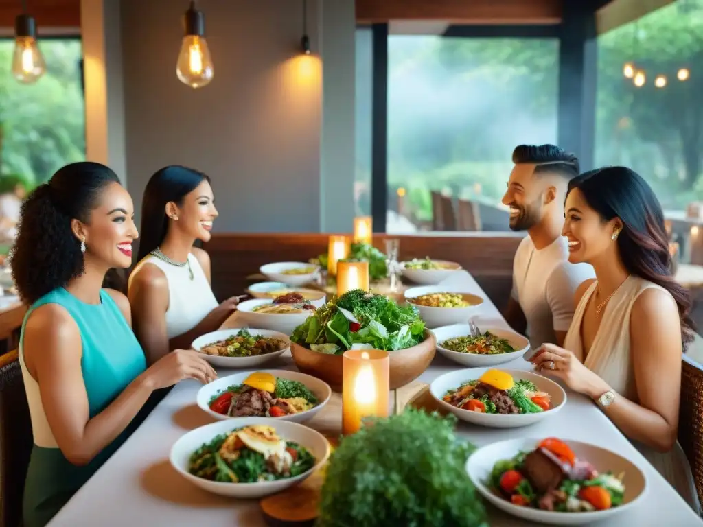 Un grupo diverso de amigos felices disfrutando de una comida sin gluten en un restaurante acogedor