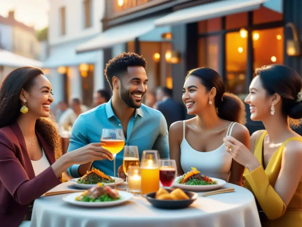 Grupo diverso de amigos felices comiendo en restaurante sin gluten al aire libre al atardecer, creando una experiencia inclusiva y acogedora