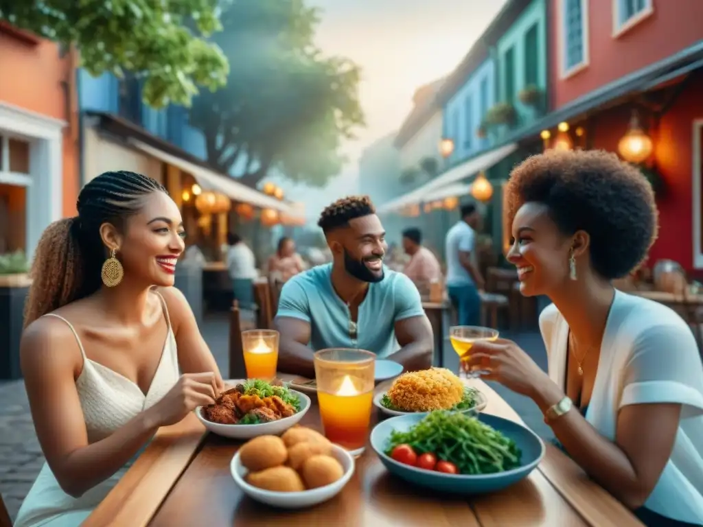 Grupo diverso de amigos felices comiendo sin gluten en restaurante al aire libre, con platos deliciosos