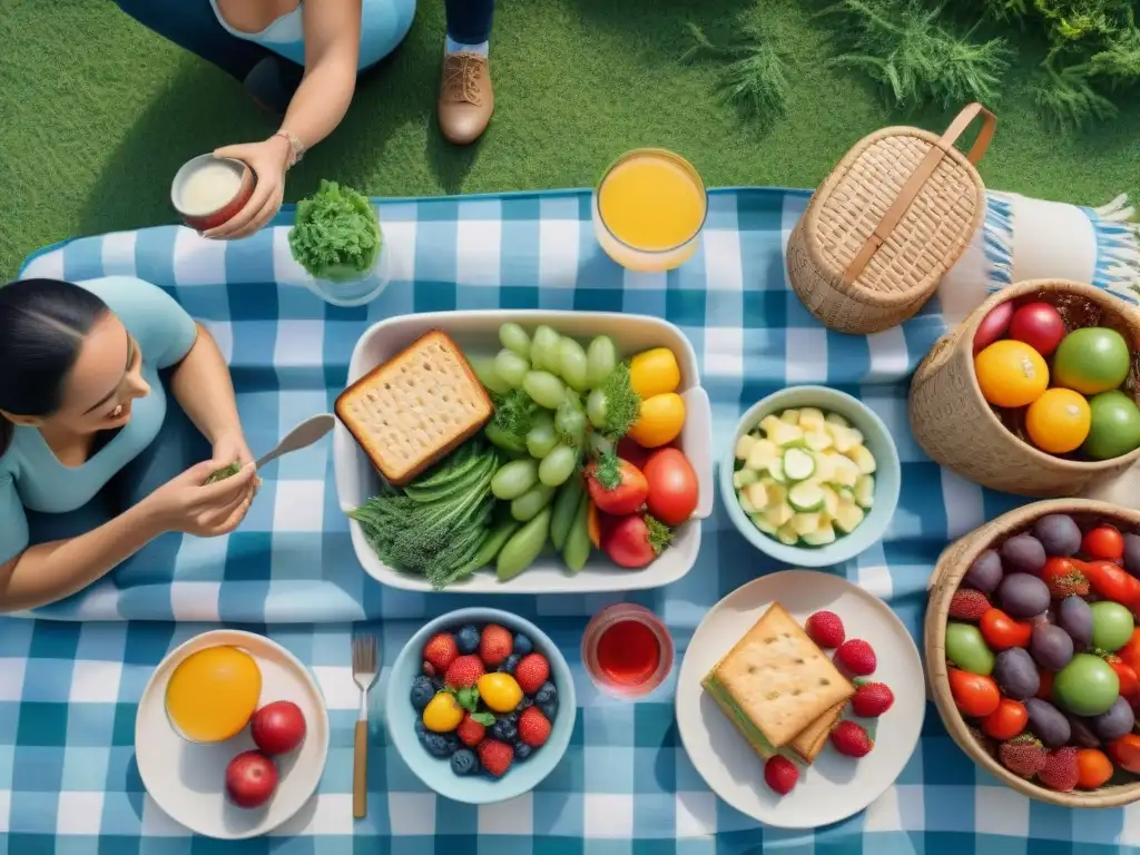 Un grupo diverso de amigos disfruta de un picnic colorido y vibrante en el parque, con una dieta FODMAP baja en gluten