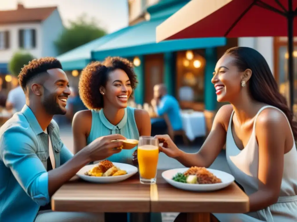 Un grupo diverso de amigos comparte risas y una comida sin gluten en un animado café al aire libre al atardecer