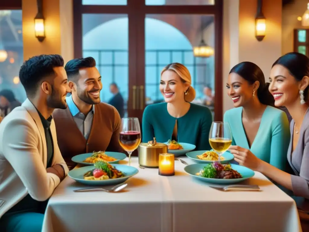 Un grupo diverso de amigos sonrientes disfruta de una deliciosa comida sin gluten en un restaurante acogedor