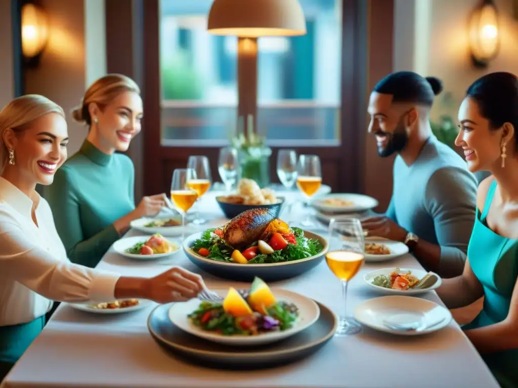 Un grupo diverso de amigos sonrientes disfrutando de una deliciosa comida sin gluten en un restaurante acogedor y elegante