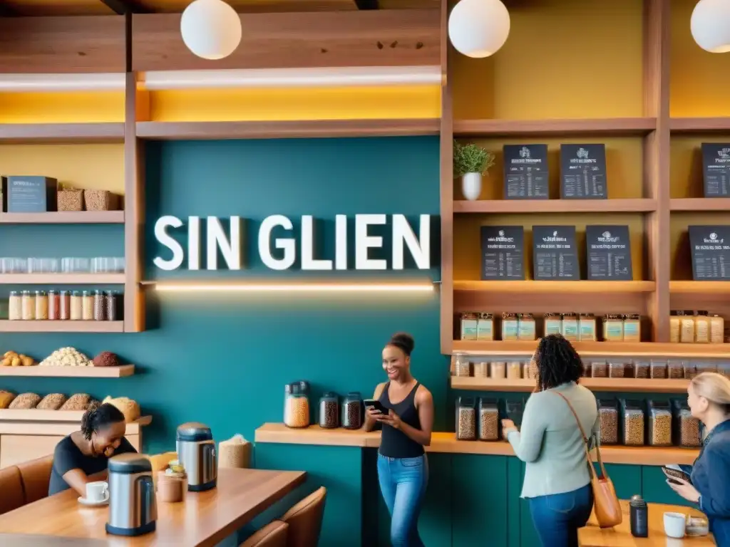 Un grupo diverso sonríe usando aplicaciones móviles sin gluten en un acogedor café