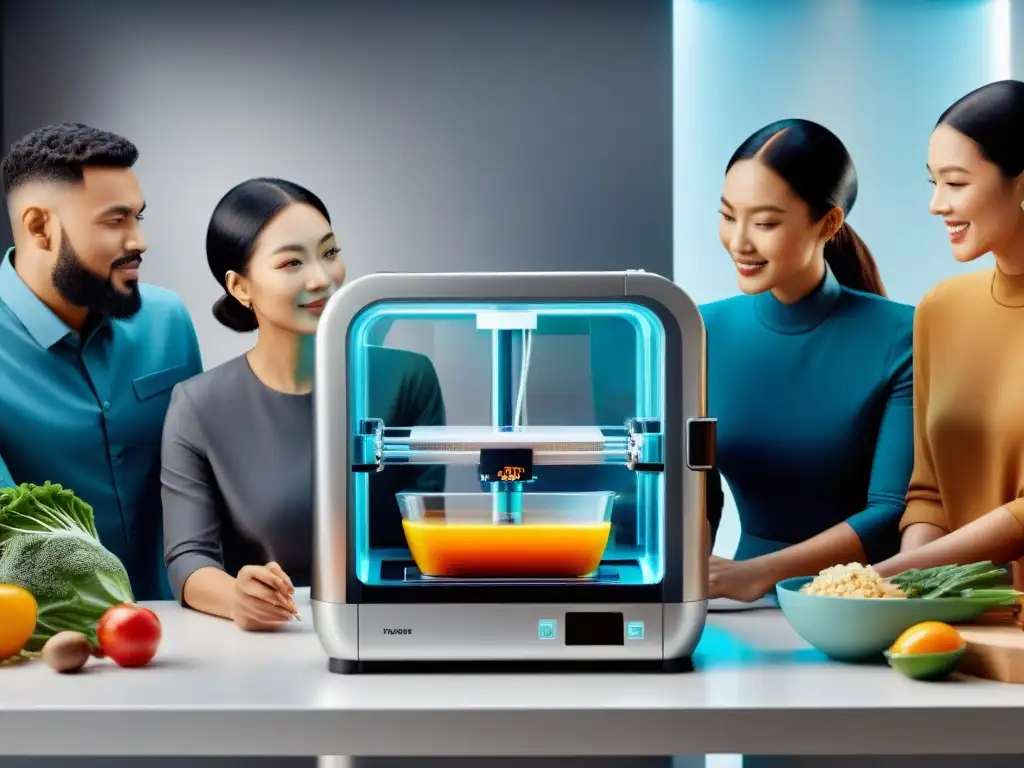 Un grupo diverso observa asombrado una impresora de alimentos 3D en una cocina futurista