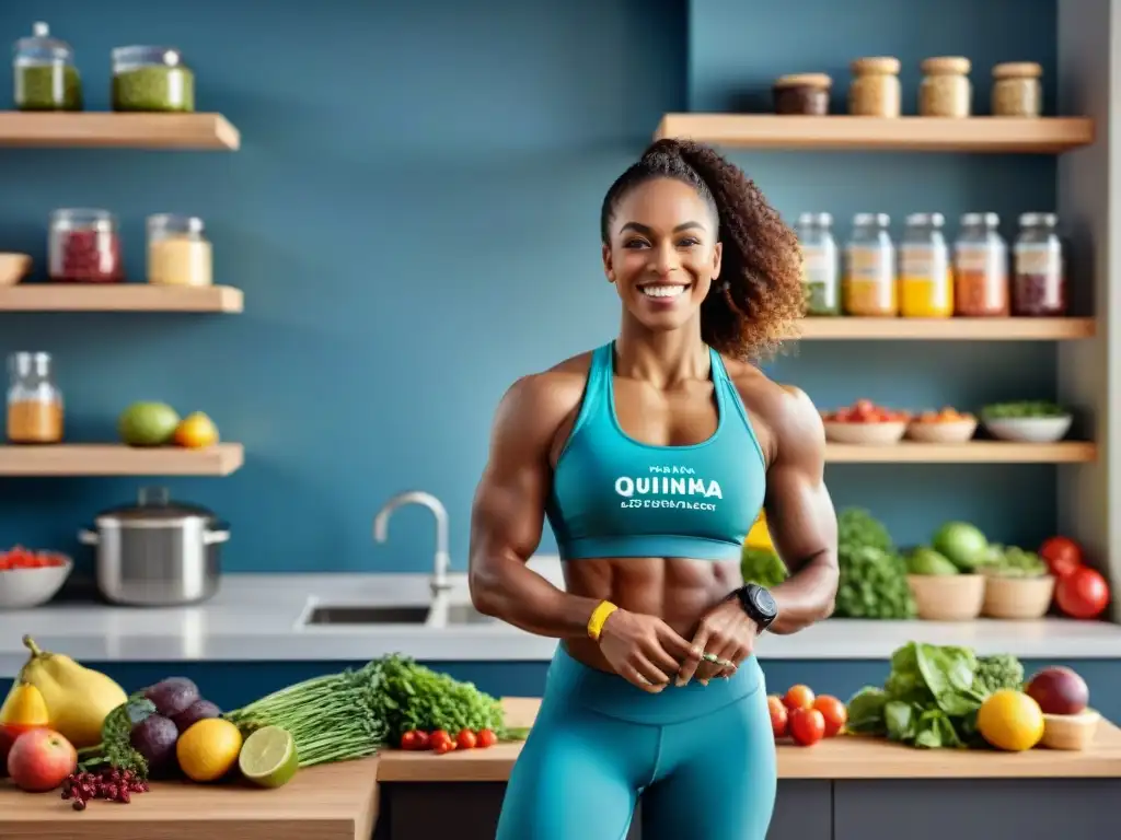 Un grupo diverso de atletas disfruta de alimentos sin gluten en una cocina moderna