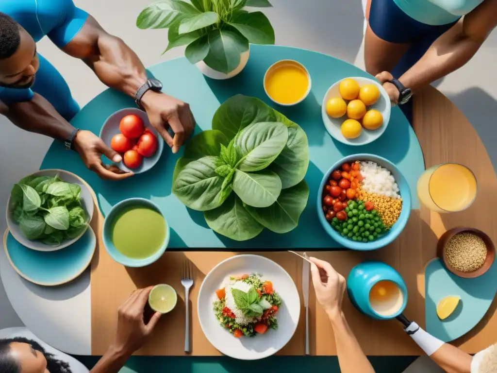 Un grupo diverso de atletas de alto rendimiento disfruta de planes alimentación sin gluten en un ambiente saludable y vibrante