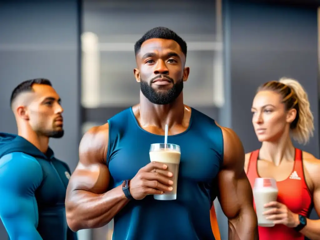 Un grupo diverso de atletas consumiendo batidos de proteínas sin gluten juntos en el gimnasio, mostrando determinación y enfoque