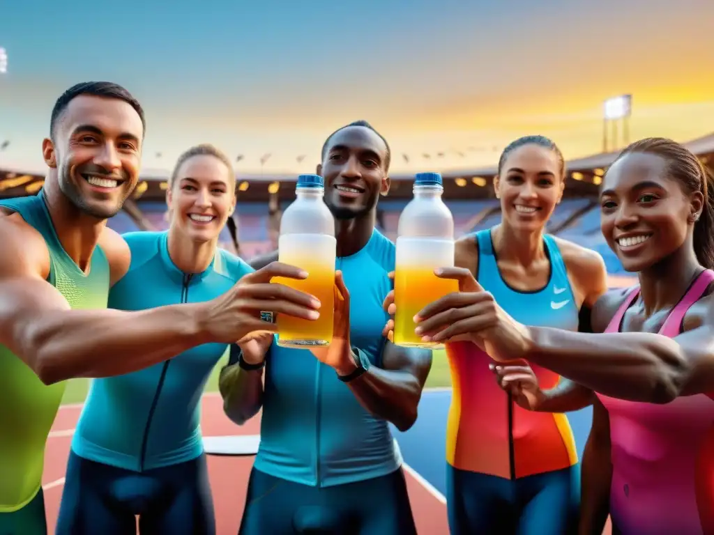 Un grupo diverso de atletas celebrando con bebidas isotónicas caseras sin gluten al atardecer en un estadio deportivo