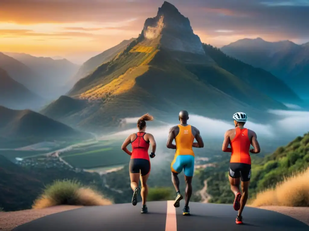 Un grupo diverso de atletas se hidrata con bebidas deportivas sin gluten, destacando la resistencia muscular en un escenario montañoso al atardecer