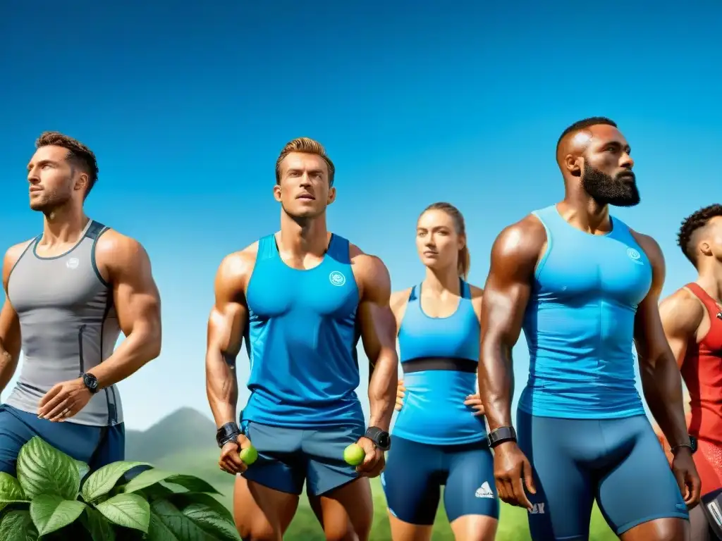 Un grupo diverso de atletas se hidrata con bebidas deportivas sin gluten en un escenario al aire libre con vegetación exuberante y cielo azul