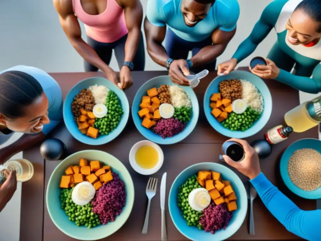 Un grupo diverso de atletas disfruta de carbohidratos sin gluten para deportistas tras el entrenamiento en un ambiente vibrante y lleno de camaradería