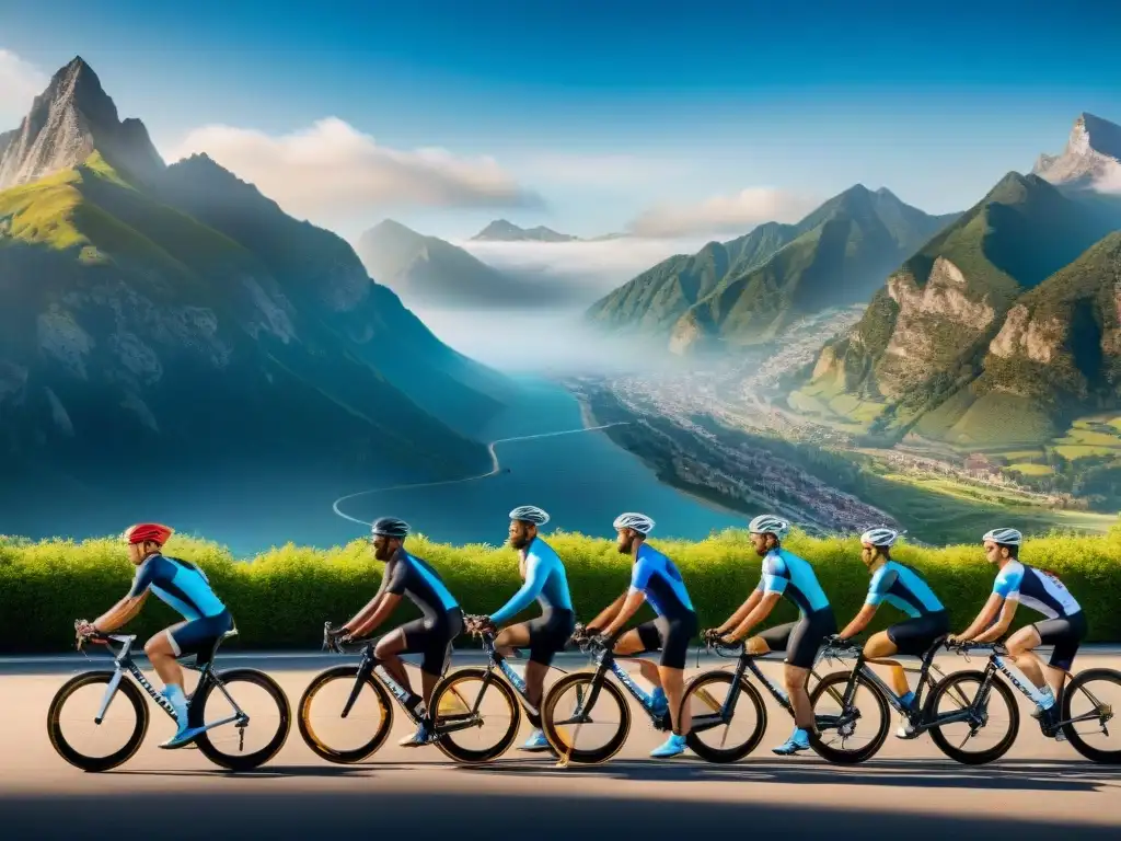 Atletas en Acción: Glutenfree y Deporte Un grupo diverso de atletas en carrera, ciclismo y natación, con determinación y fondo de montañas, bajo cielo azul