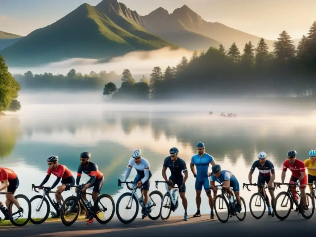 Un grupo diverso de atletas se prepara para una carrera al amanecer en un lago sereno