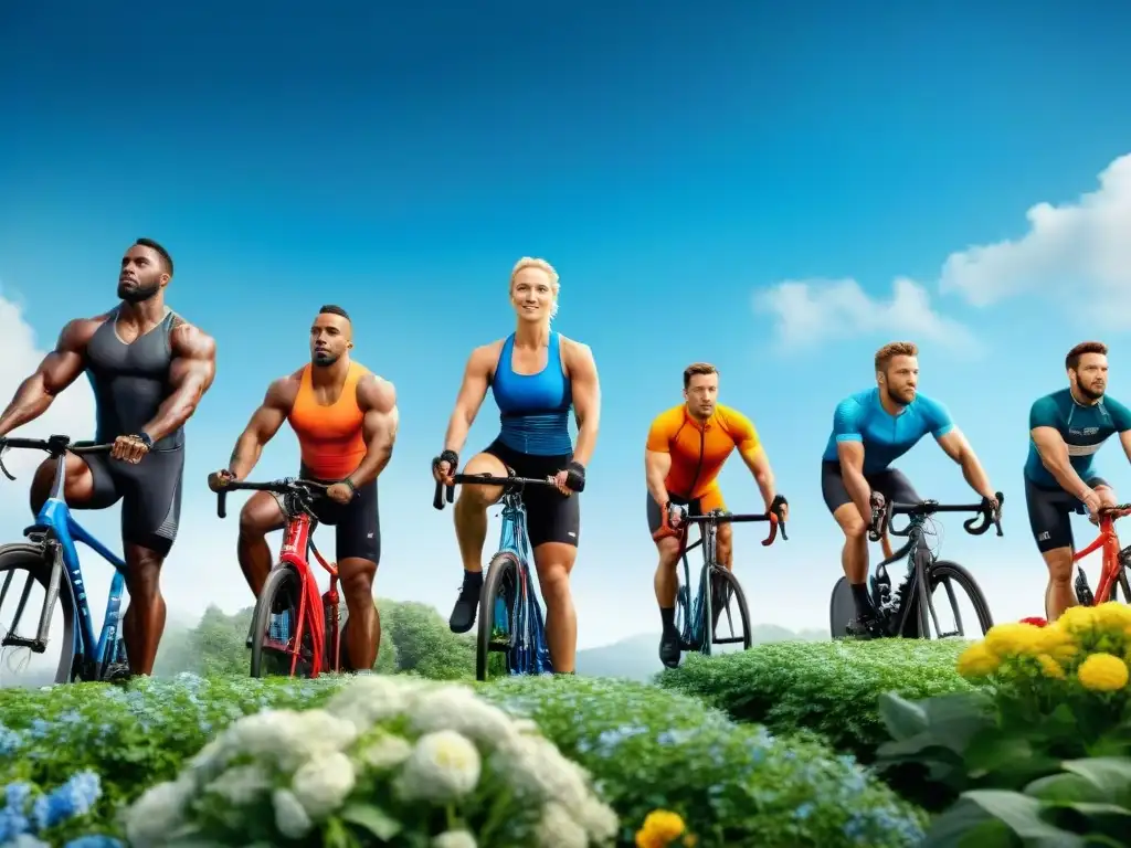 Un grupo diverso de atletas en acción bajo el cielo azul, promoviendo la 'Dieta sin gluten para deportistas'