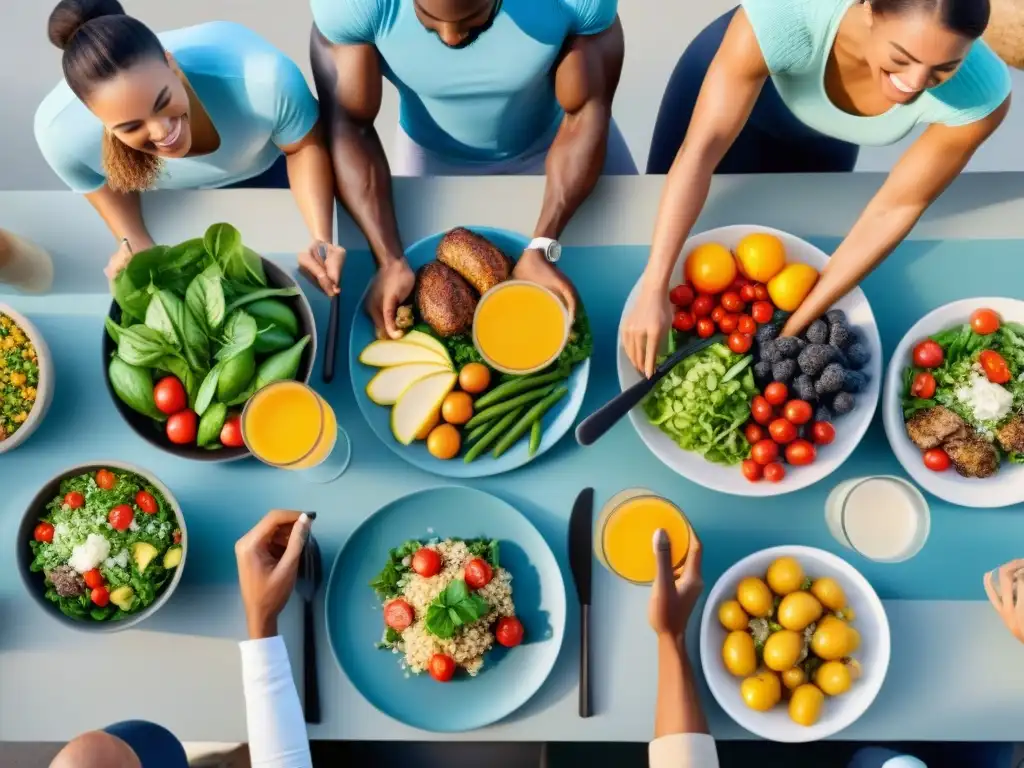 Un grupo diverso de atletas disfruta de una comida saludable al aire libre al atardecer