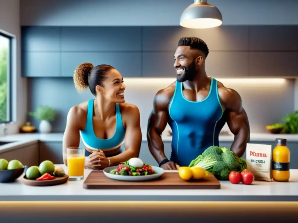 Atletas disfrutando de una comida sin gluten en cocina moderna Un grupo diverso de atletas disfruta de una comida sin gluten en una cocina moderna, destacando la importancia en el rendimiento deportivo