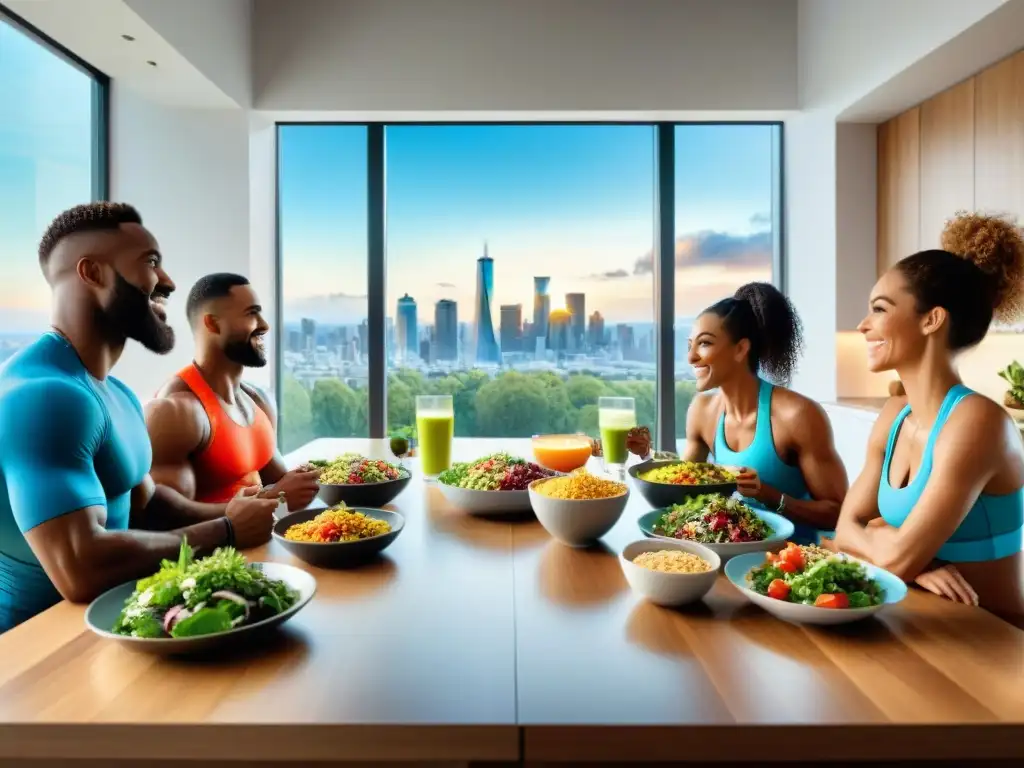 Atletas disfrutan comida sin gluten en cocina moderna Un grupo diverso de atletas disfruta de una comida sin gluten en una cocina moderna, hablando sobre cómo mejora su rendimiento deportivo