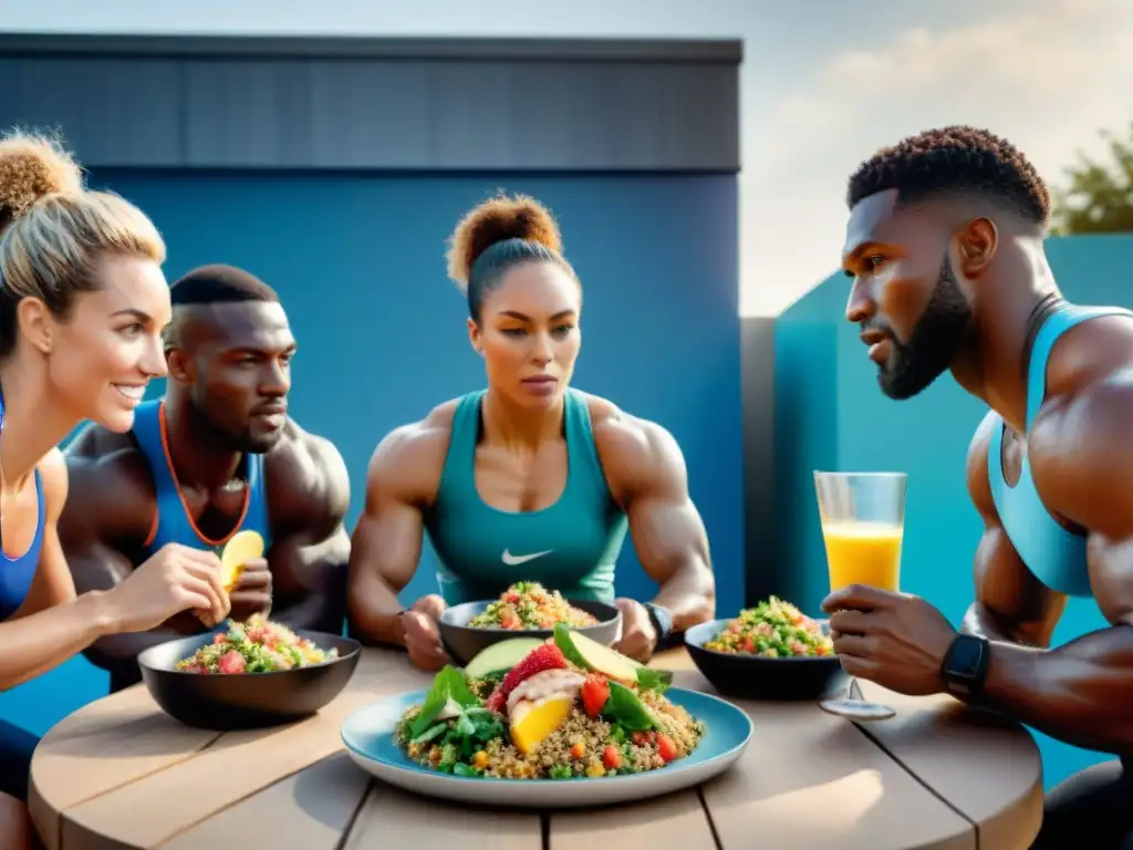 Un grupo diverso de atletas disfrutando de una comida post-entrenamiento saludable al aire libre