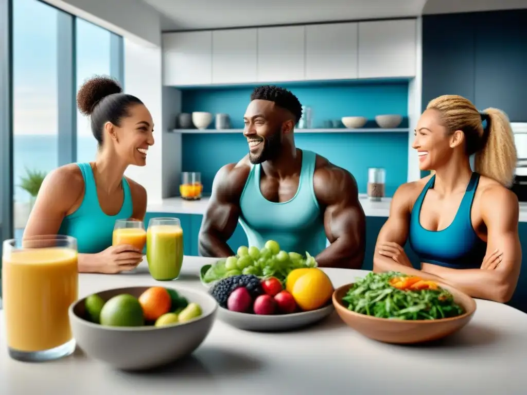 Un grupo diverso de atletas disfruta de una comida sin gluten en la cocina, mostrando su energía y rendimiento deportivo