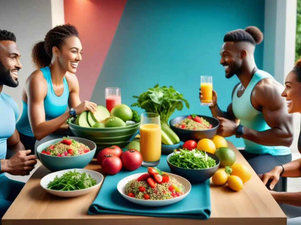 Un grupo diverso de atletas disfruta de una comida postentrenamiento saludable y sin gluten