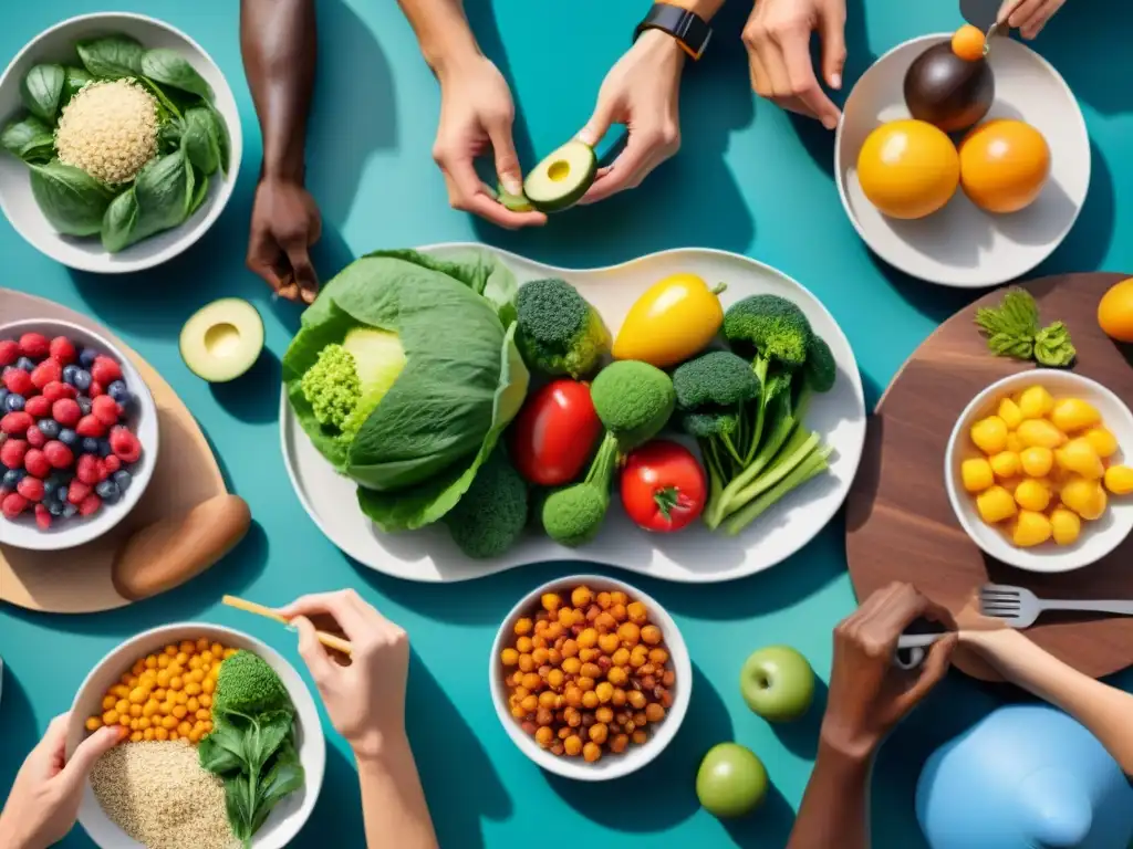 Un grupo diverso de atletas disfruta de una comida saludable sin gluten, mostrando vitalidad y energía