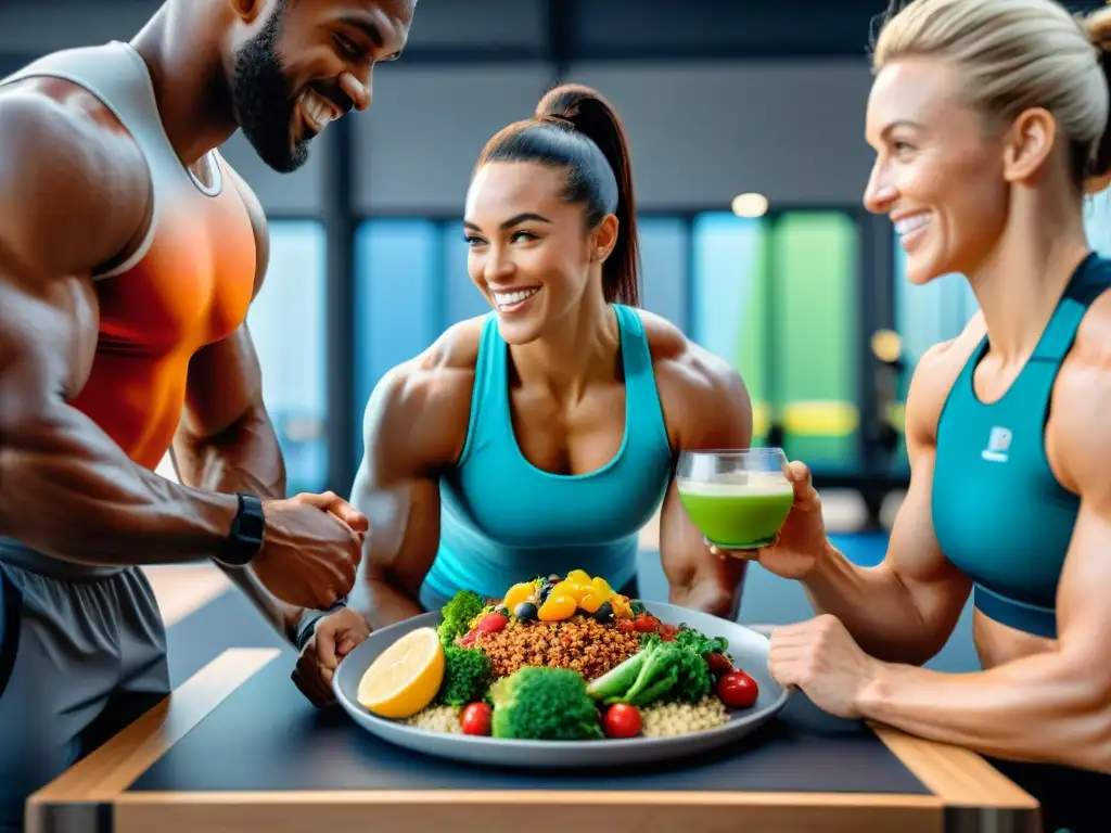 Un grupo diverso de atletas disfruta de una comida postentrenamiento con proteínas sin gluten