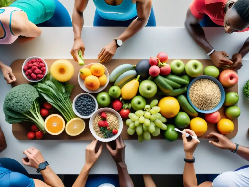 Preparación en equipo: Comida premaratón saludable para atletas Un grupo diverso de atletas prepara una comida premaratón sin gluten, mostrando camaradería y motivación