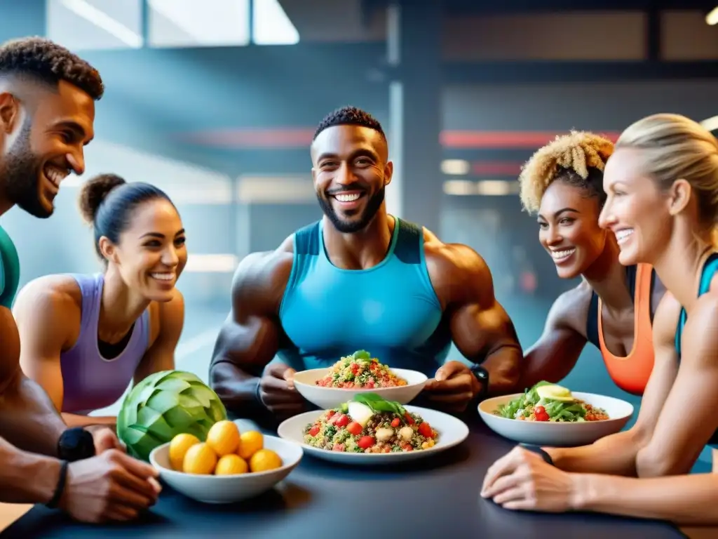 Atletas disfrutan comida glutenfree post-entrenamiento Un grupo diverso de atletas disfruta de una comida postentrenamiento sin gluten en el gimnasio