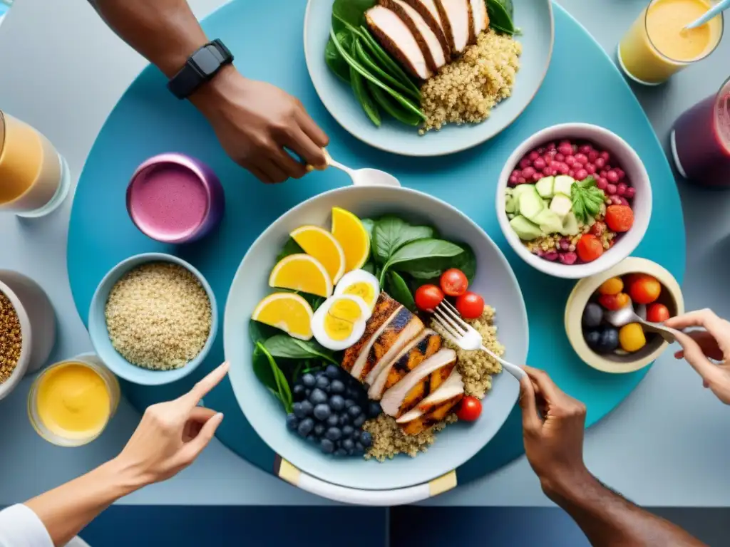 Un grupo diverso de atletas disfruta de una comida post-entrenamiento en una cocina moderna y vibrante