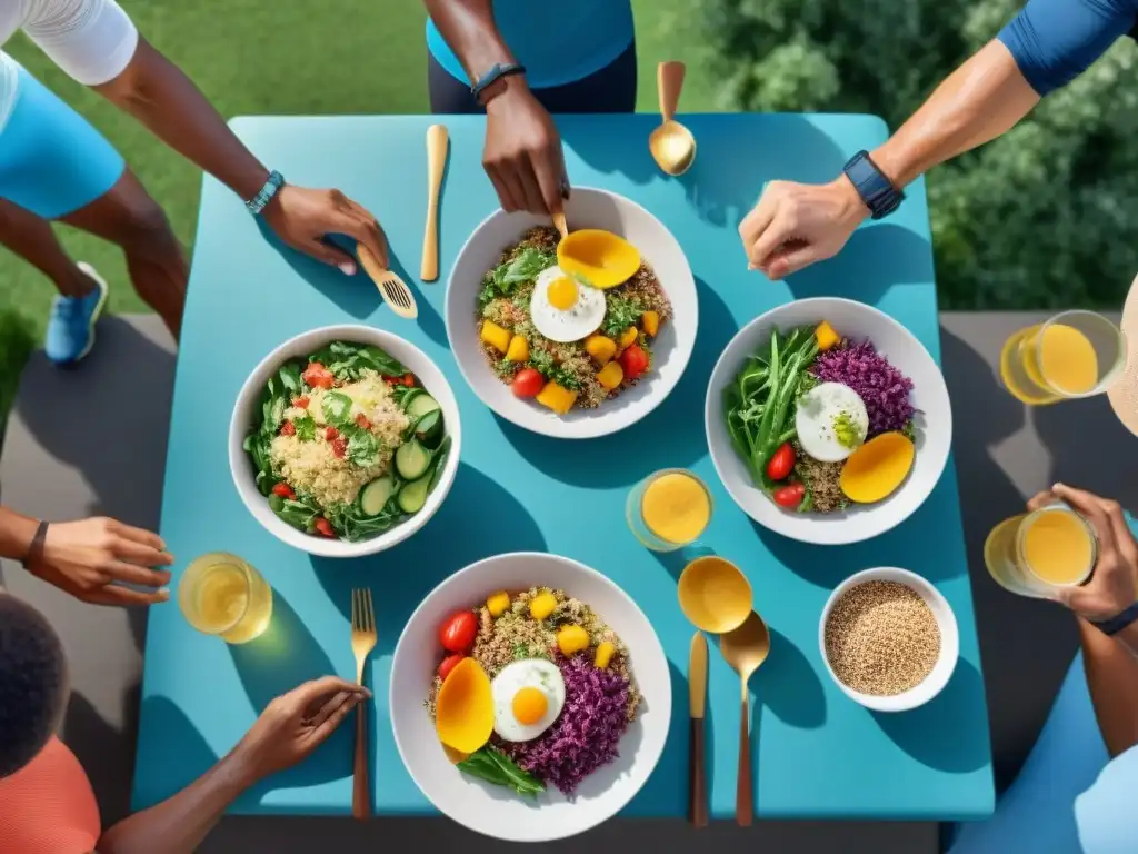 Desayuno de campeones: atletas disfrutan de comida saludable al amanecer Un grupo diverso de atletas disfruta de una comida saludable al aire libre al amanecer