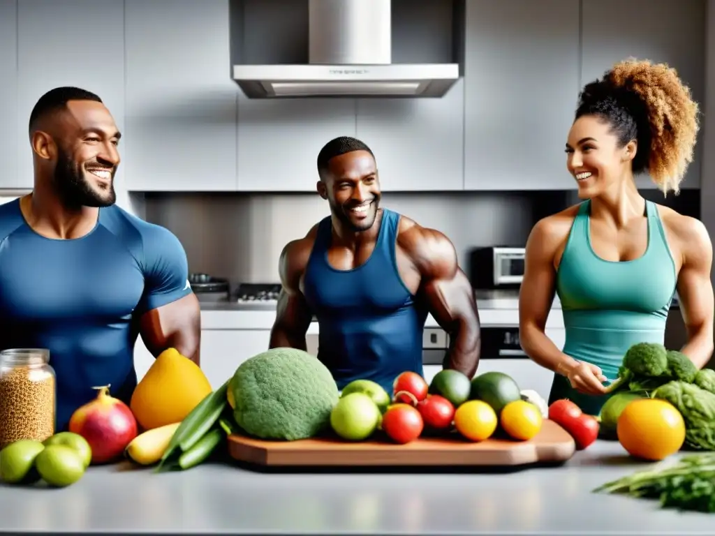 Un grupo diverso de atletas disfruta de una comida sin gluten en una cocina moderna y bien iluminada, mostrando camaradería