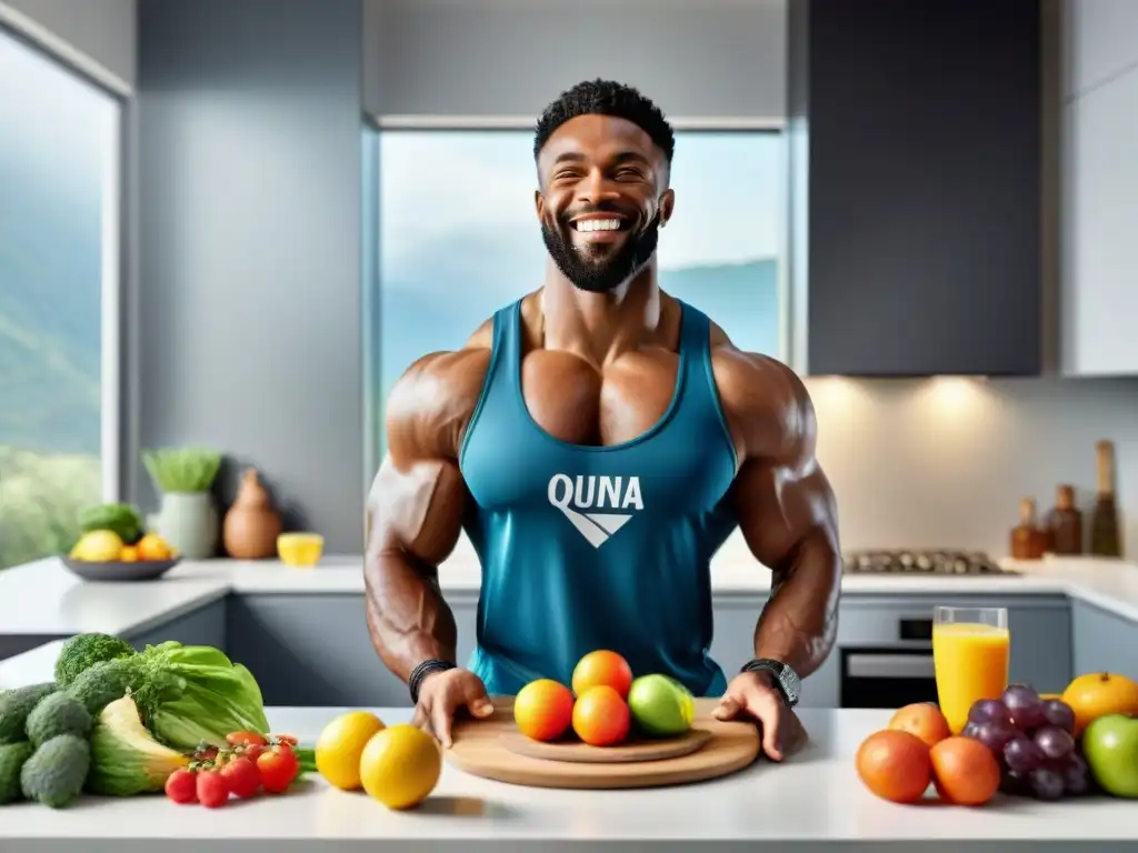 Un grupo diverso de atletas comparte una comida postentrenamiento en una cocina moderna y luminosa llena de ingredientes sin gluten