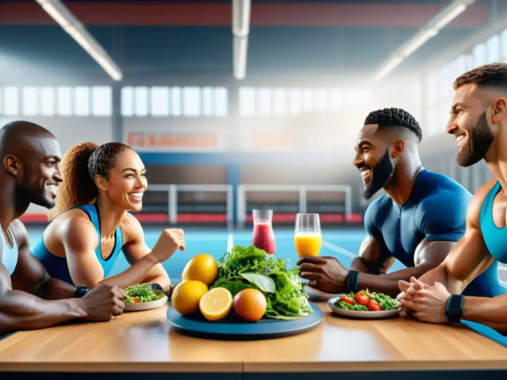 Un grupo diverso de atletas disfruta de una comida post-entrenamiento con recetas sin gluten para deportistas