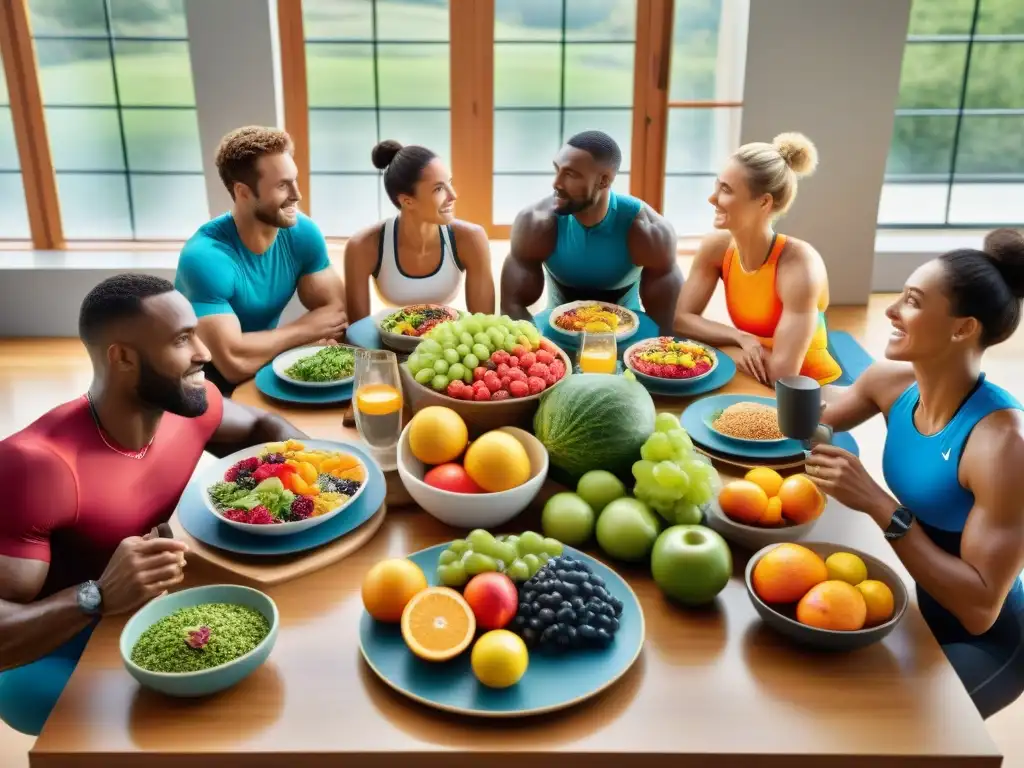 Un grupo diverso de atletas disfruta de una comida saludable y sin gluten, resaltando los beneficios para la resistencia