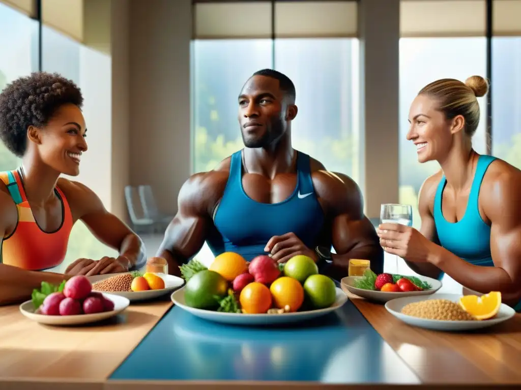 Un grupo diverso de atletas disfruta de una comida sin gluten juntos, resaltando los beneficios para deportistas