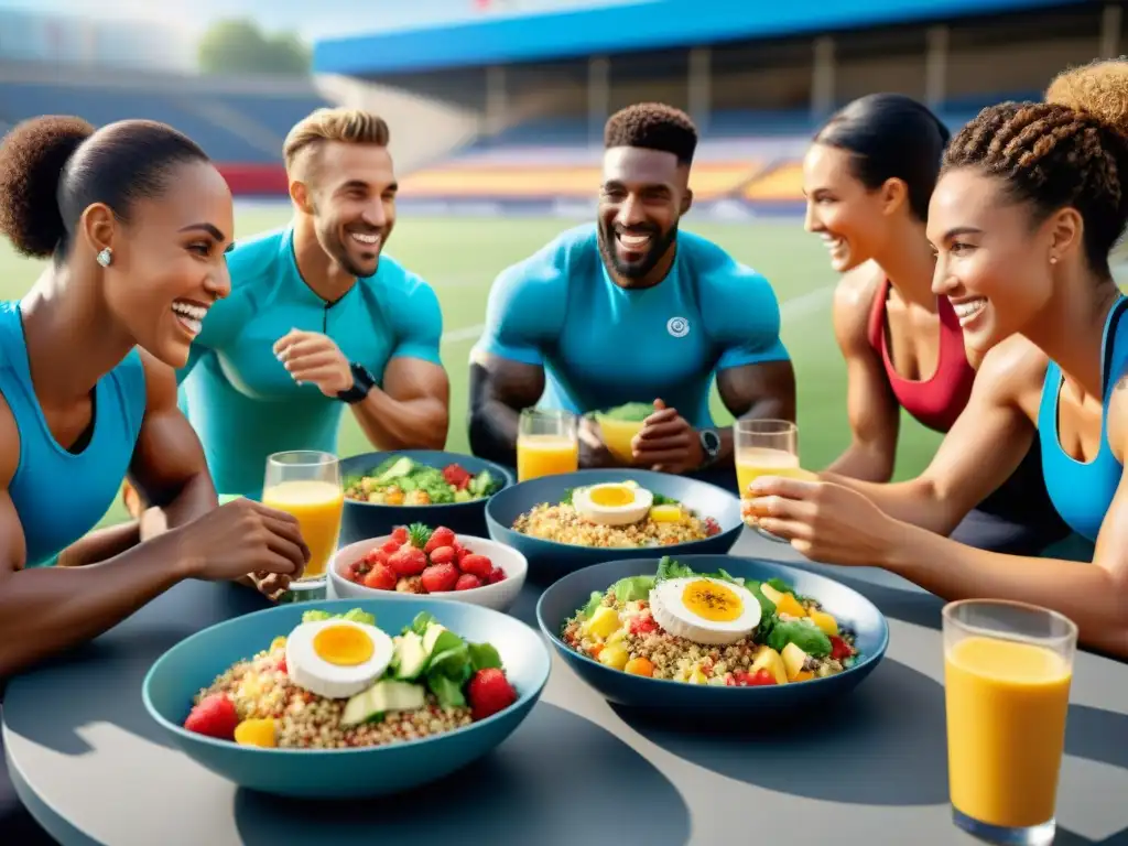 Un grupo diverso de atletas disfrutando de una comida post-entrenamiento con recetas sin gluten para atletas, en un ambiente vibrante y saludable