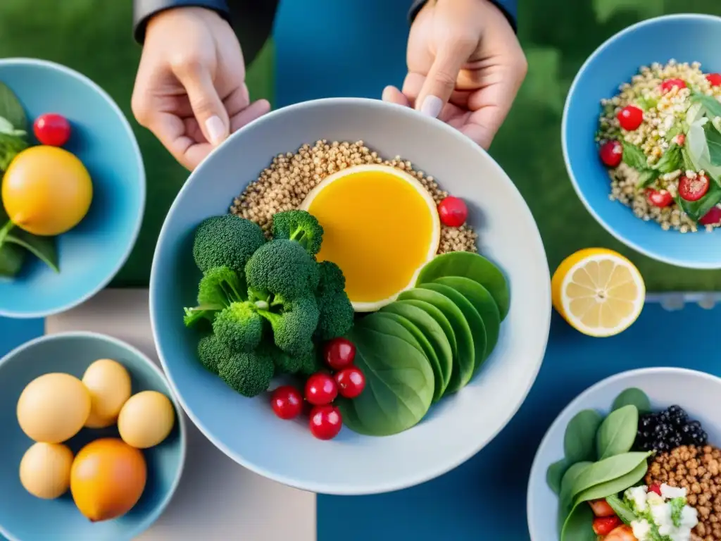 Un grupo diverso de atletas disfruta una comida glutenfree en un entorno natural, resaltando los beneficios de la dieta sin gluten para deportistas