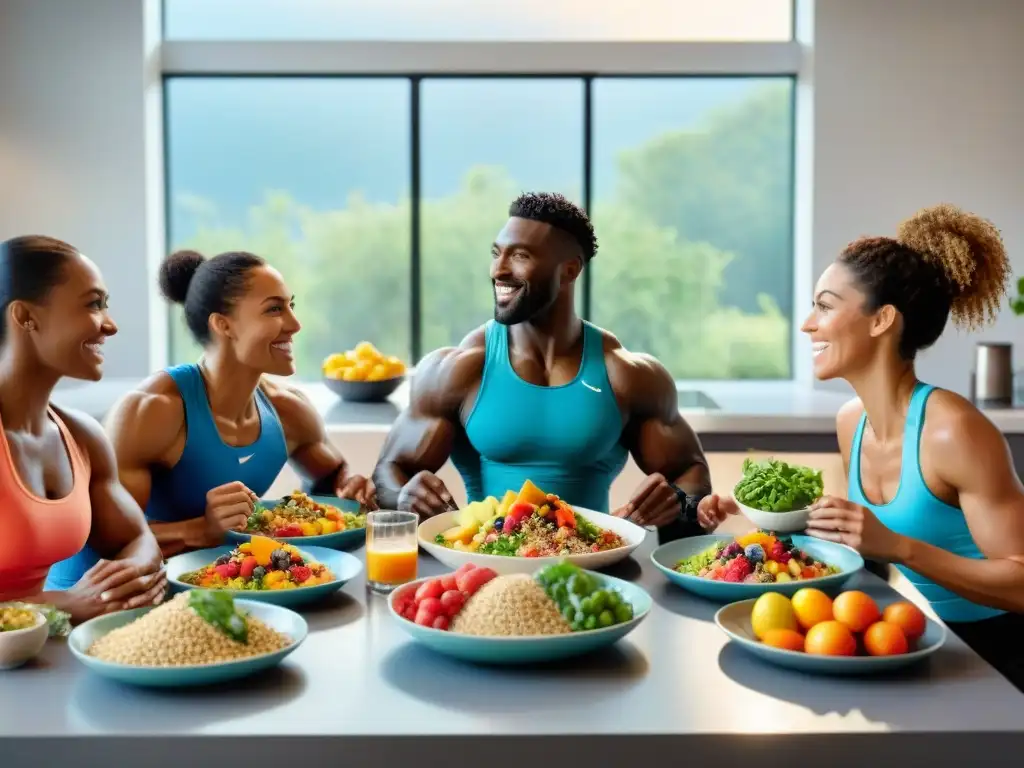 Grupo diverso de atletas disfrutando de una comida postentrenamiento sin gluten en cocina vibrante