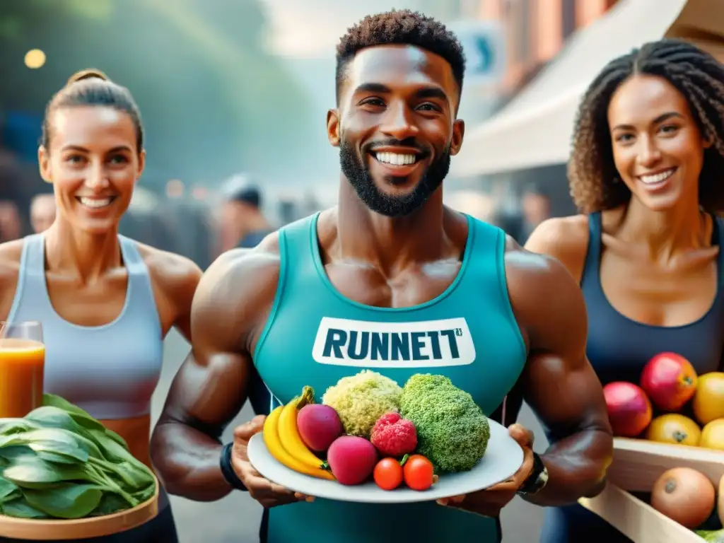 Un grupo diverso de atletas disfruta de una comida posentrenamiento sin gluten en un mercado de agricultores vibrante