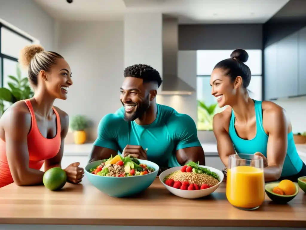 Un grupo diverso de atletas disfruta de una comida post-entrenamiento sin gluten en una cocina soleada