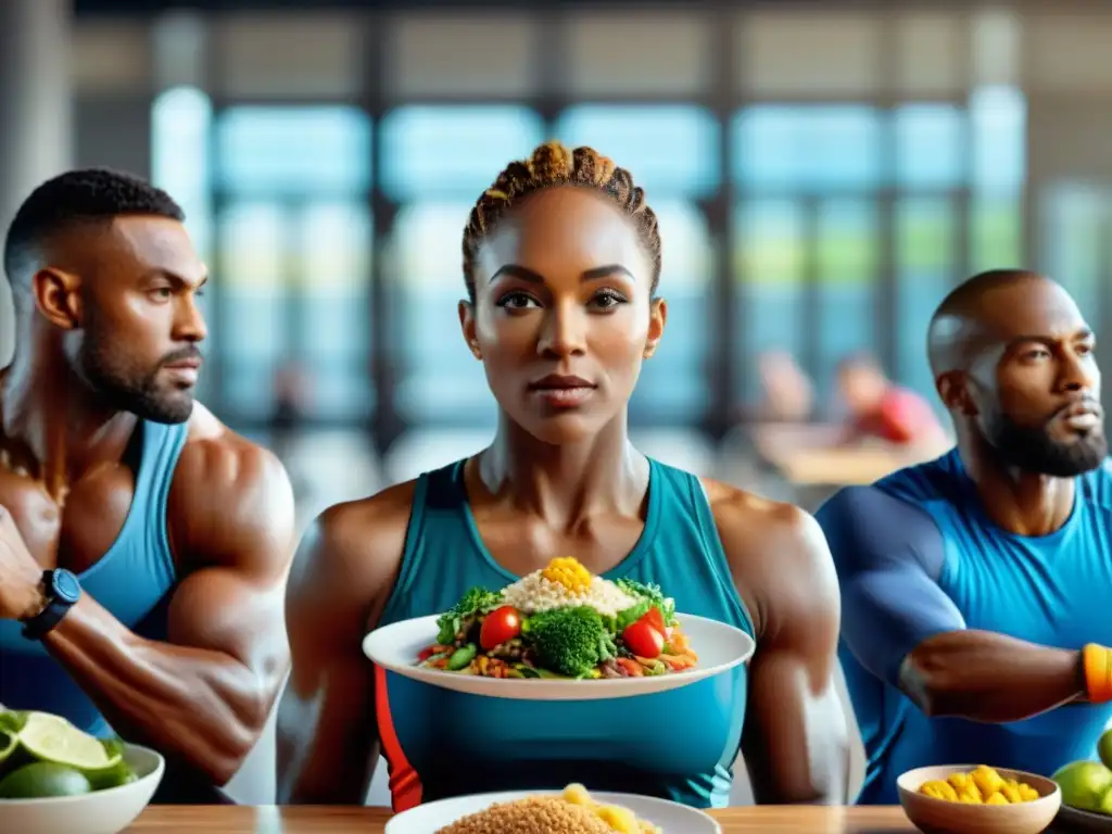 Un grupo diverso de atletas disfruta de una comida postentrenamiento sin gluten en un gimnasio vibrante