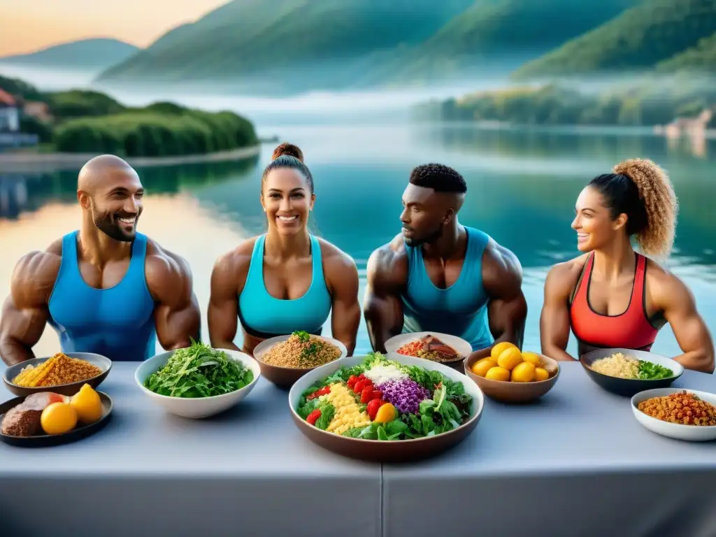 Un grupo diverso de atletas disfruta de comida postentrenamiento junto a un lago al atardecer